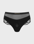 Sublime black tulle lingerie harness with lace trim and central ring - strap-on-me