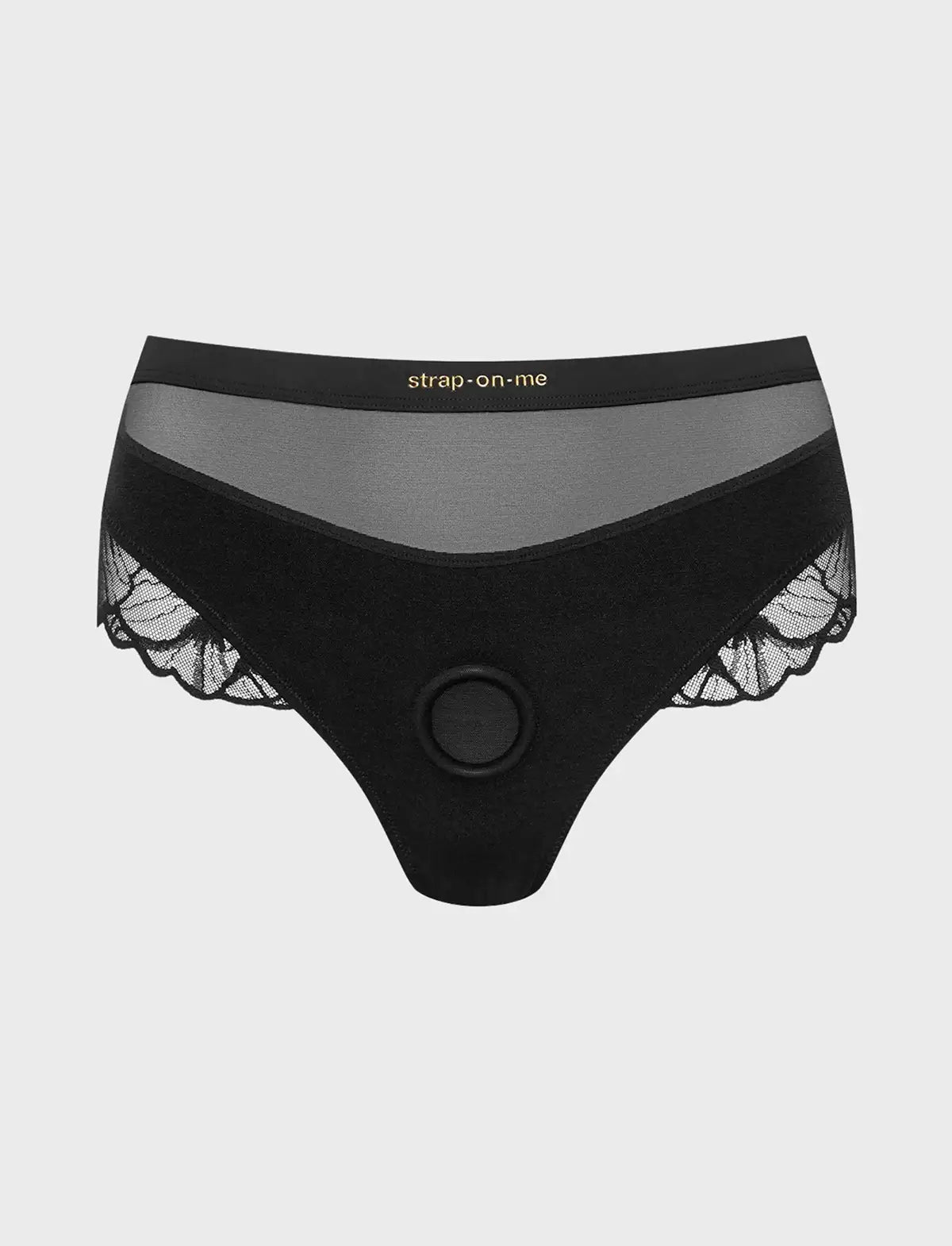Sublime black tulle lingerie harness with lace trim and central ring - strap-on-me