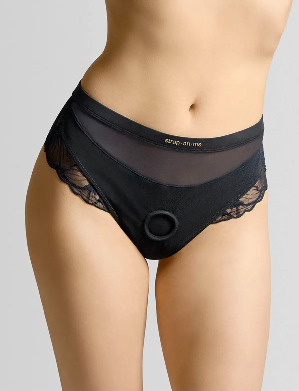 Imbracatura lingerie Sublime nera in tulle con bordo in pizzo e anello centrale – strap-on-me®
