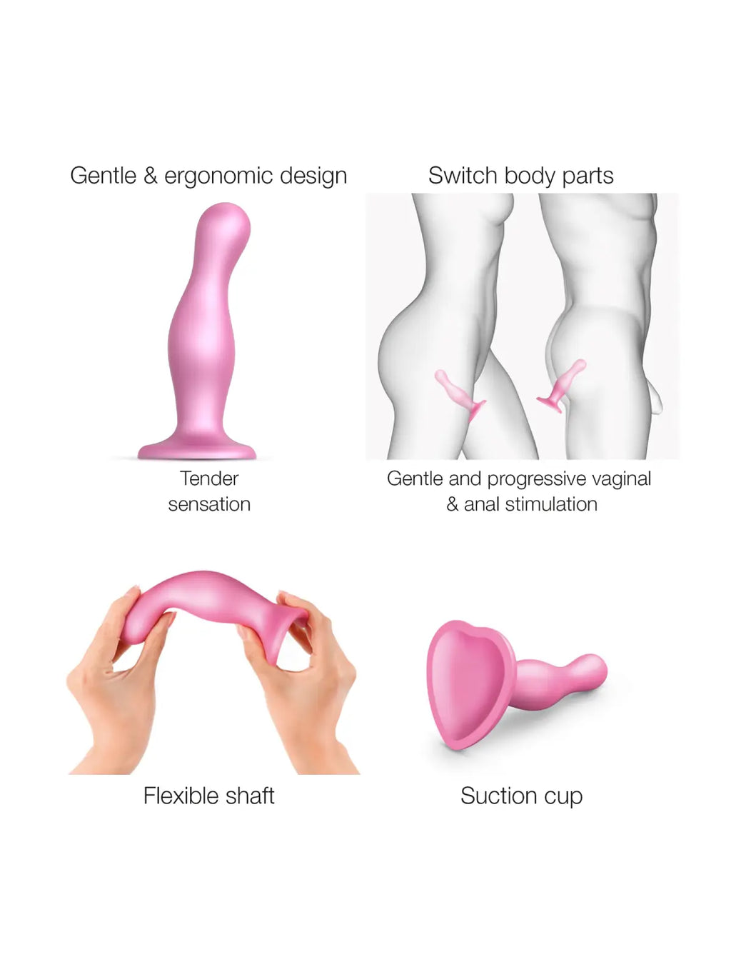 Hybrid dildo plug anal collection curvy metallic dragée pink – curved stimulation and deep sensations, compatible strap-on-me