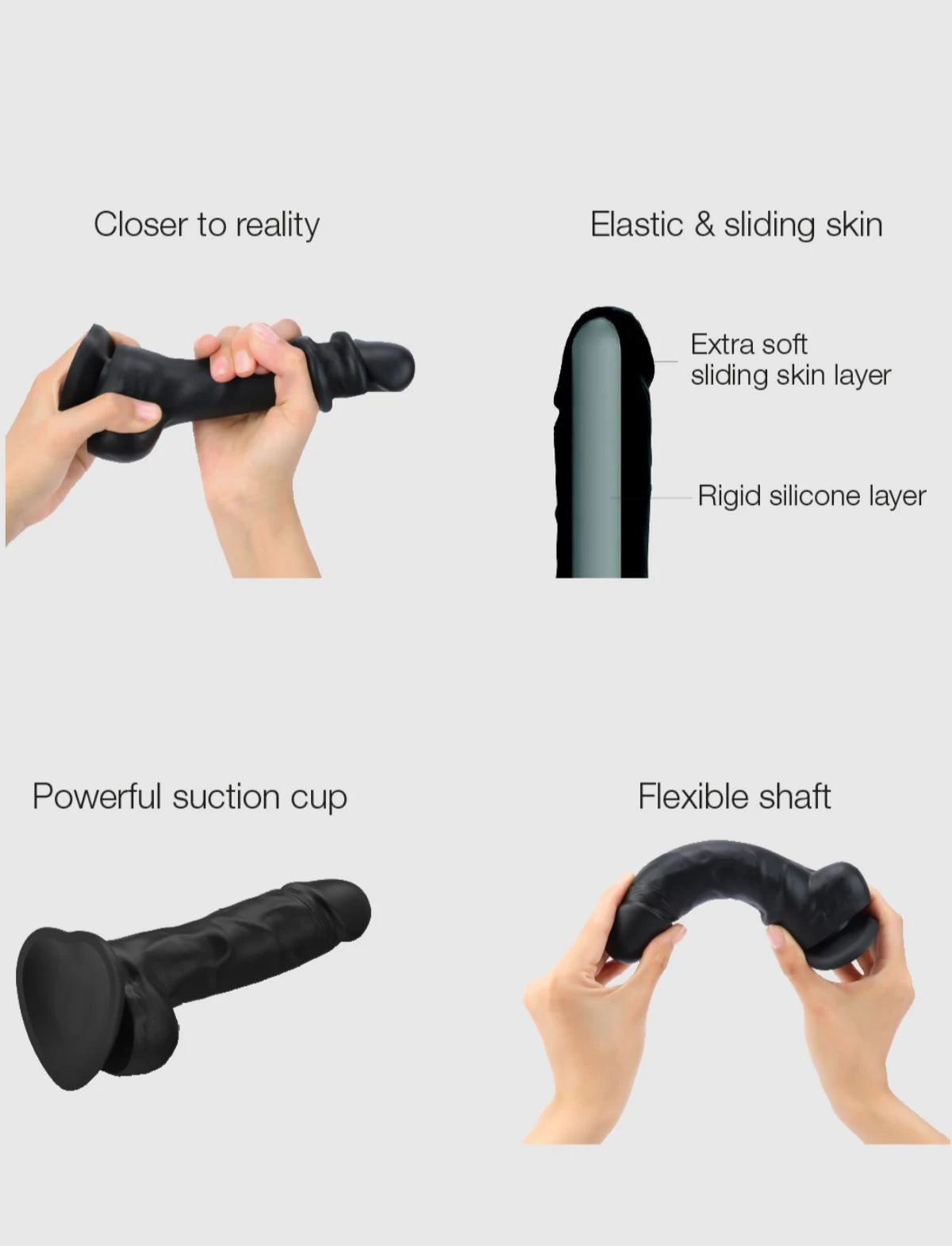 Dildo réaliste sliding skin noir – texture peau coulissante et sensations naturelles, compatible strap-on-me