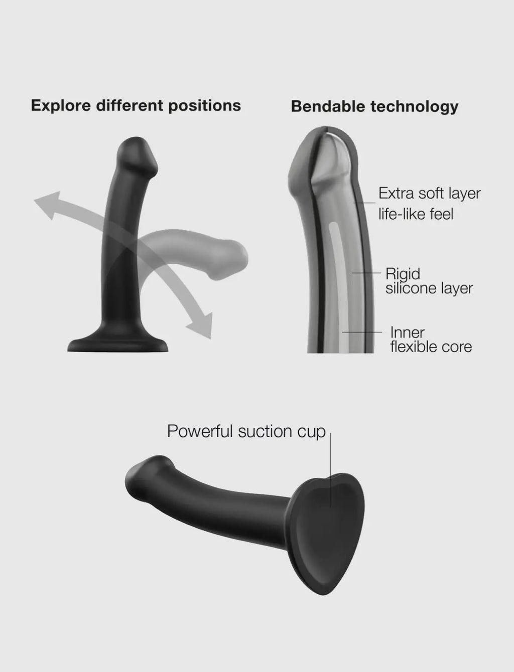 dildo semi-realistico doppia densità bendable nero – flessibile e confortevole, compatibile strap-on-me